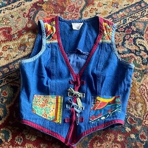 Vintage 70s Colorful Denim Vest with Patchwork Details